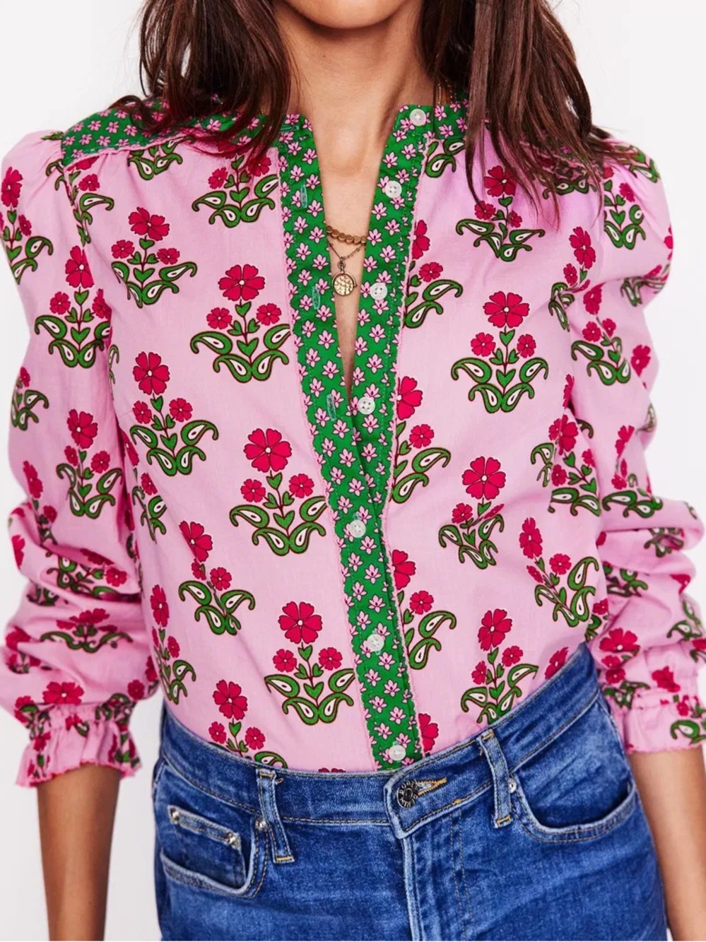 Boden Arabella Cotton Blouse Meadowsweet Pink Pansy Stamp Floral Top Size 6